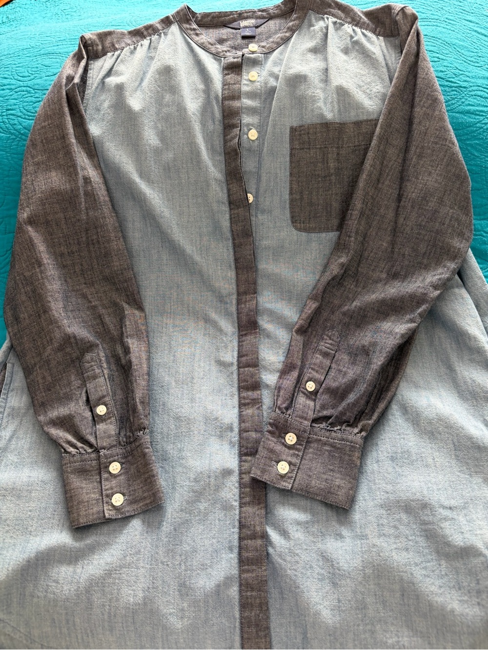LadiesTwo-Tone Button Front  Tunic Light Blue & Charcoal